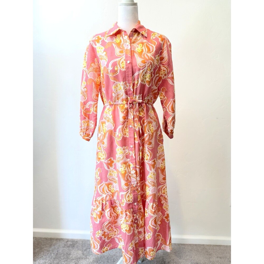 J.McLaughlin Women's Shirt Dress XS Pink Orange Abstract Print Midi Maxi - Picture 3 of 12